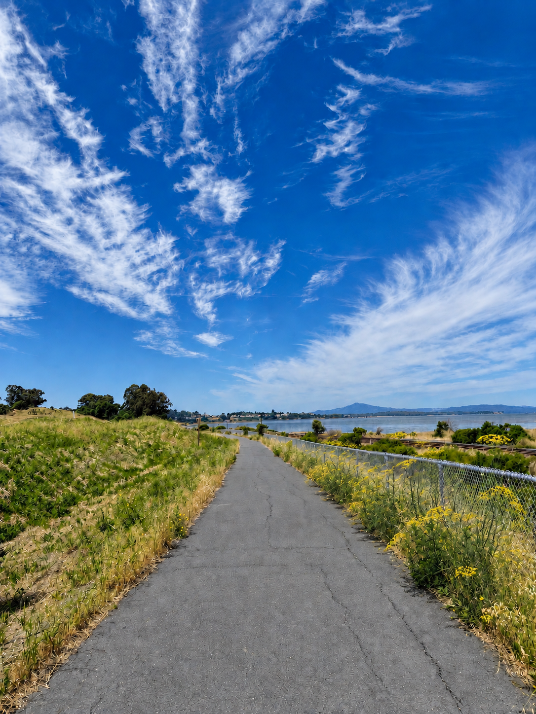 A weathered path winding toward the bay through grasses and wildflowers under a wide sky