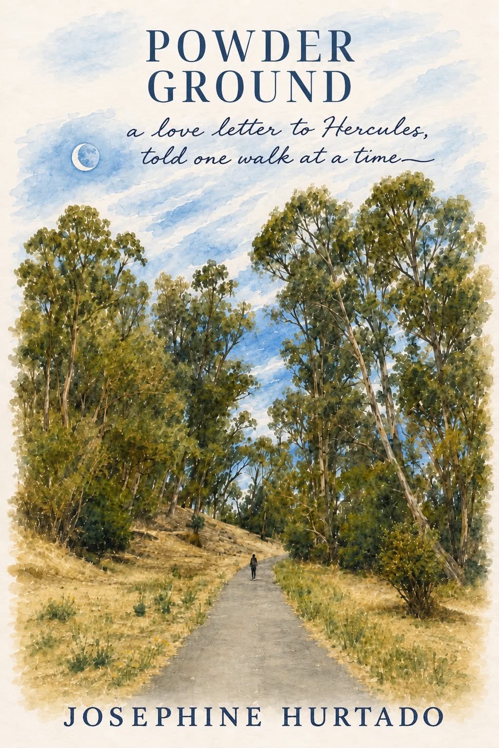 Powder Ground book cover — a watercolor of a lone figure walking a tree-lined path under a crescent moon