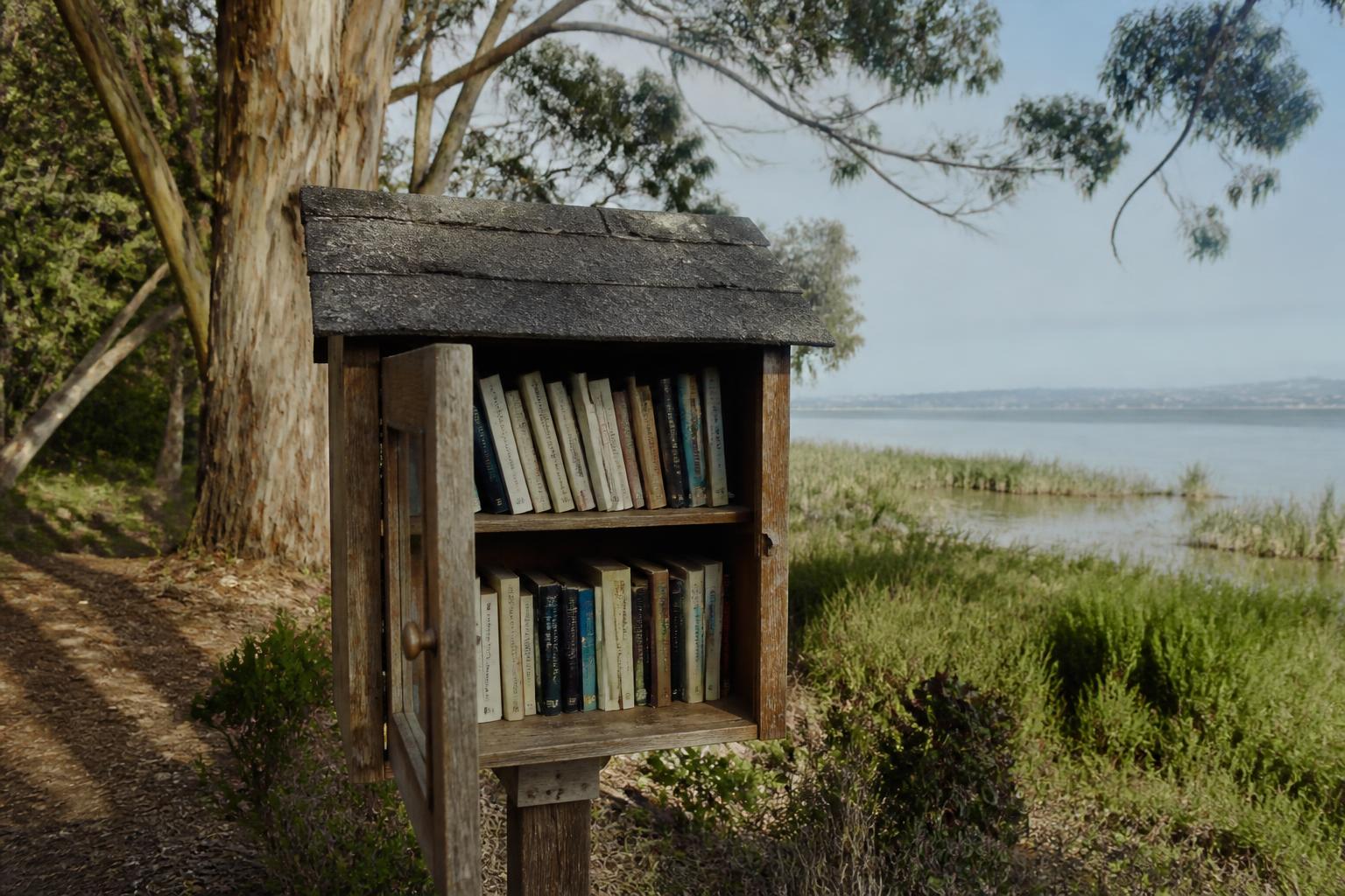 A small wooden book-sharing box filled with paperbacks beside a bayside trail
