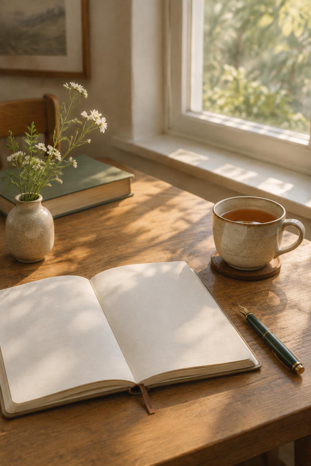 A sunlit wooden table by a window holding an open journal, a fountain pen, and a cup of tea