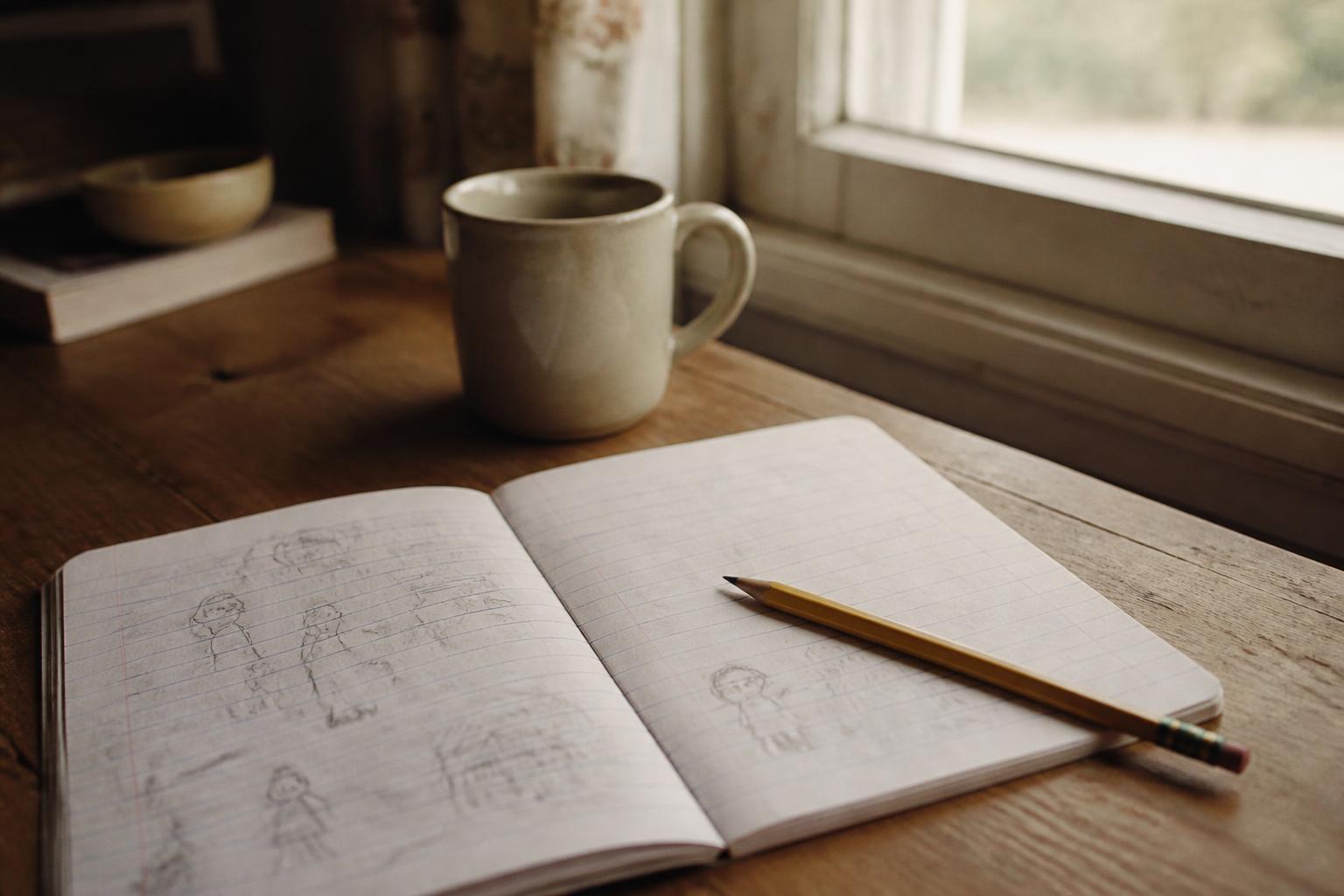 An open notebook with pencil drawings and a pencil resting on a wooden table