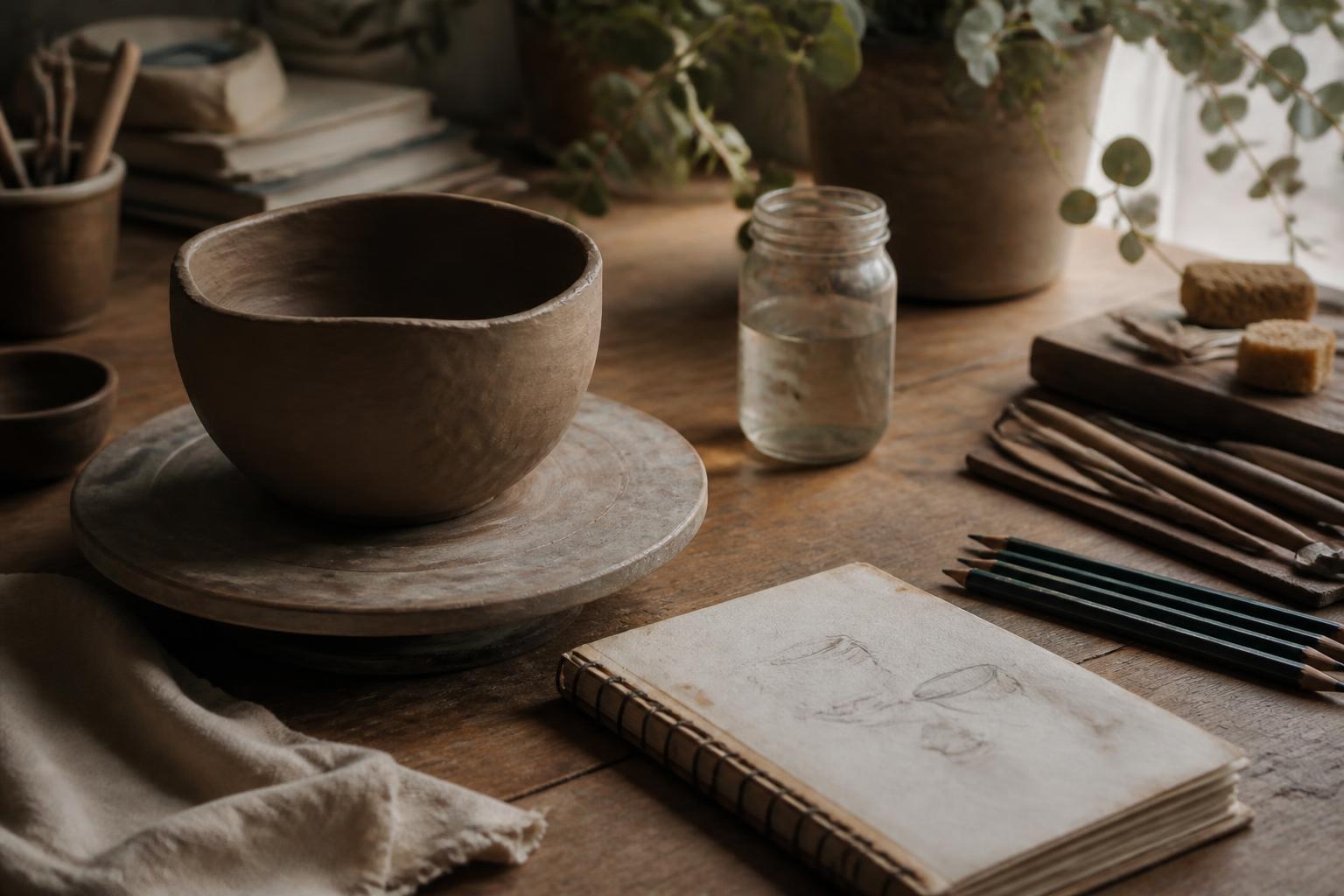 A wooden workshop table holding a half-formed clay vessel, pottery tools, drawing pencils, and a hand-bound notebook